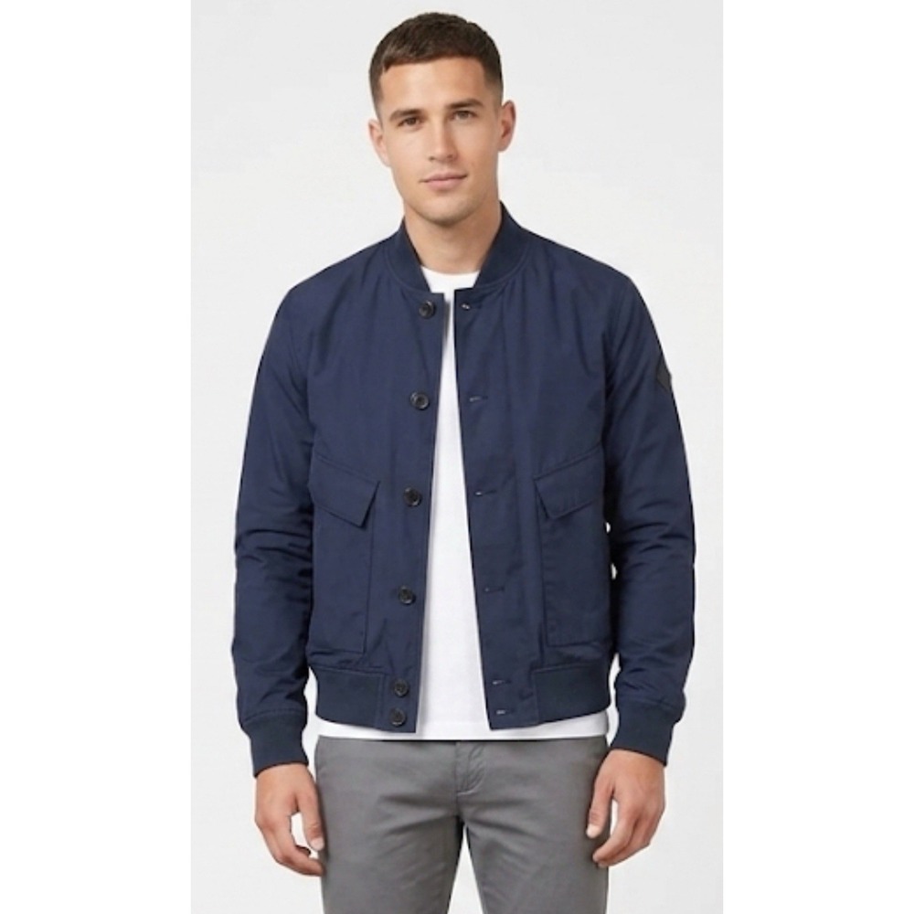 Paul Smith Jeans Navy Bomber Jacket - Size M Waxed Cotton - Botanical Lining